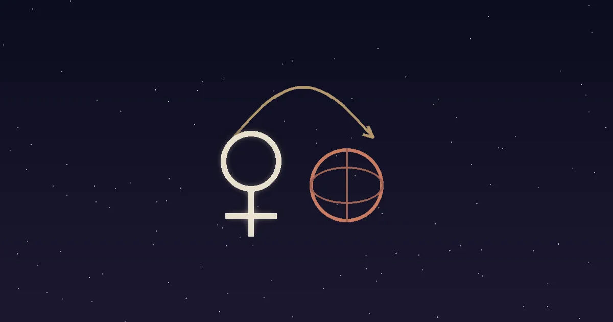 A cream Venus glyph with a gold arrow arcing over a small terracotta globe marked with meridian lines, set on a navy starfield — illustrating Venus in the 9th house and love across distance, borders, and beliefs
