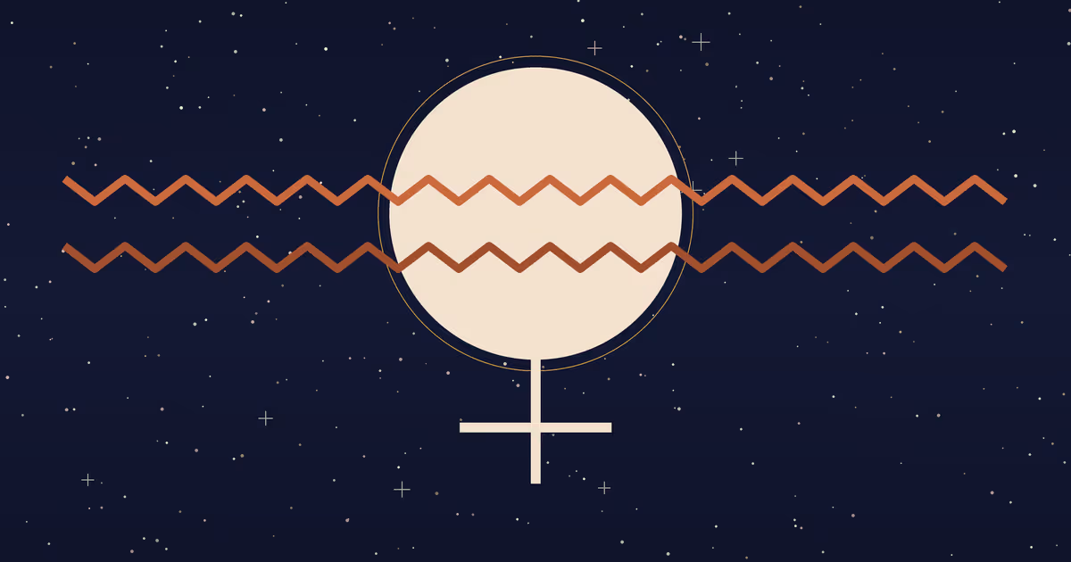 A cream Venus disc crossed by two horizontal terracotta Aquarius wave-lines on a navy starfield, illustrating Venus in Aquarius