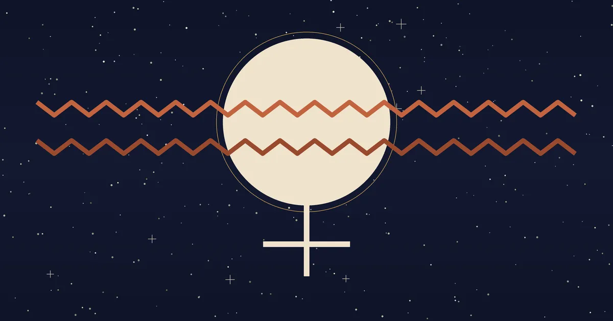 A cream Venus disc crossed by two horizontal terracotta Aquarius wave-lines against a navy starfield, with a thin gold ring around the disc — illustrating the meaning of Venus in Aquarius