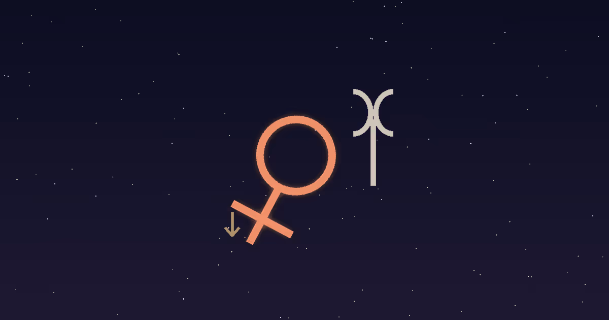 A terracotta Venus glyph tilted forward like a spear beside a cream Aries ram-horn glyph with a small downward dignity arrow on a navy starfield, illustrating Venus in Aries in its detriment