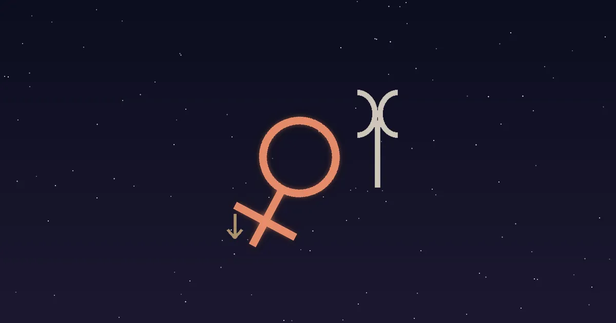 A terracotta Venus glyph tilted forward like a spear beside a cream Aries ram-horn glyph on a navy starfield, with a small downward dignity arrow marking Venus in its detriment — illustrating the meaning of Venus in Aries