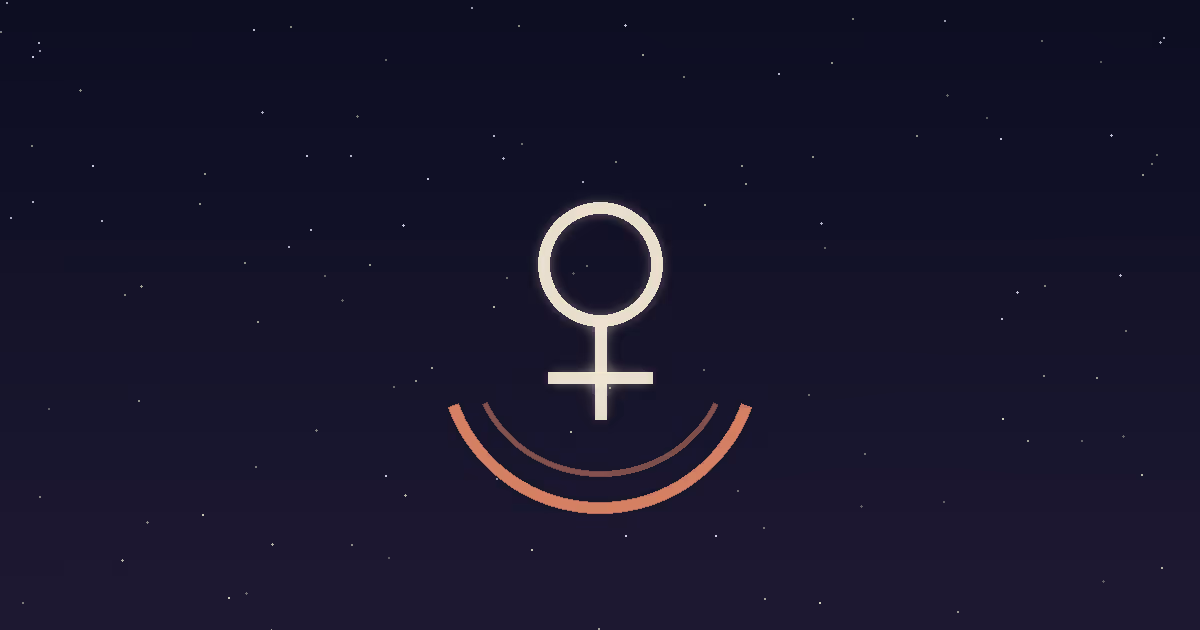 A cream Venus glyph cradled inside a terracotta crescent shell on a navy starfield, illustrating Venus in Cancer