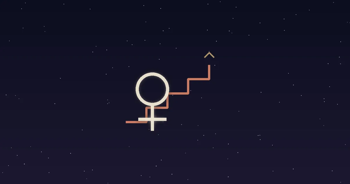 A cream Venus glyph climbing a stepped terracotta slope beneath a navy starfield, with a gold summit mark at the top of the climb — vector illustration of Venus in Capricorn's slow, Saturn-ruled love