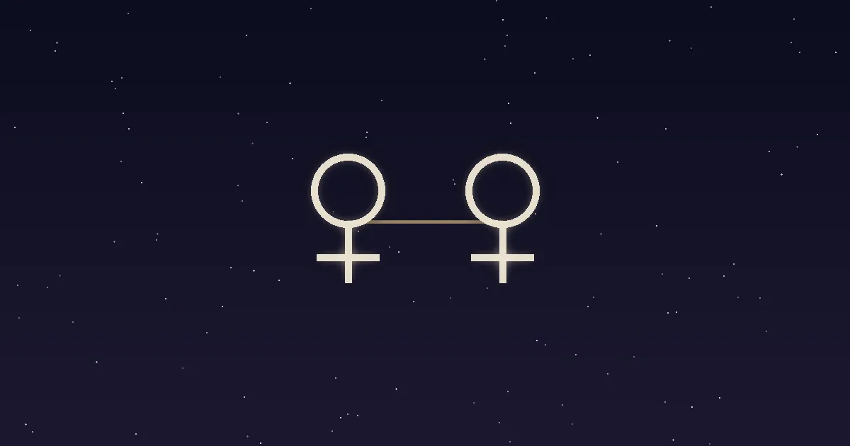 Two mirrored small cream Venus discs joined by a thin gold line on a navy starfield, like twins in conversation — illustrating the meaning of Venus in Gemini, the Mercury-ruled Venus placement
