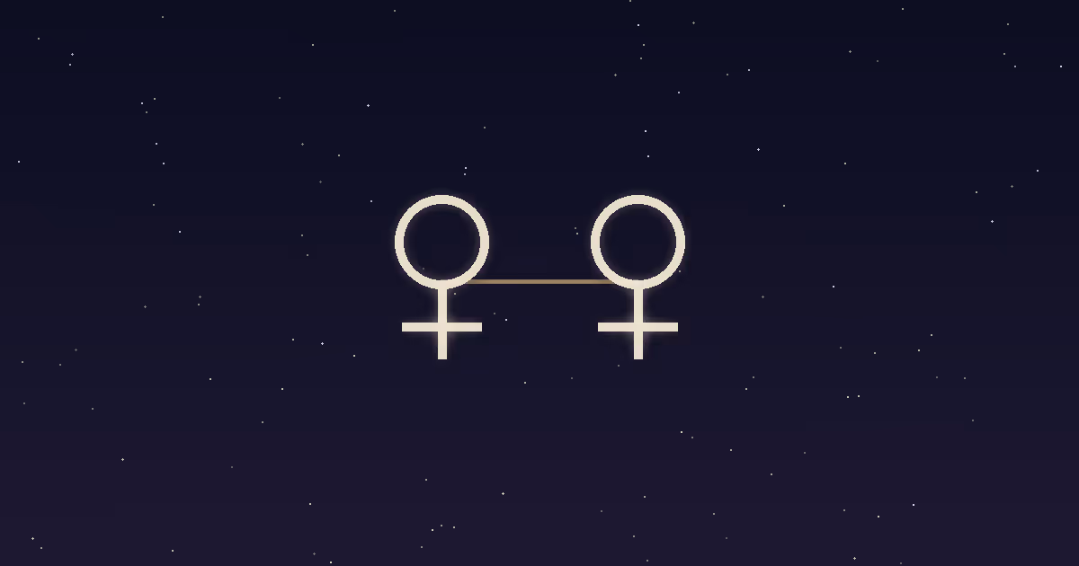 Two mirrored cream Venus glyphs joined by a thin gold line like twins in conversation on a navy starfield, illustrating Venus in Gemini