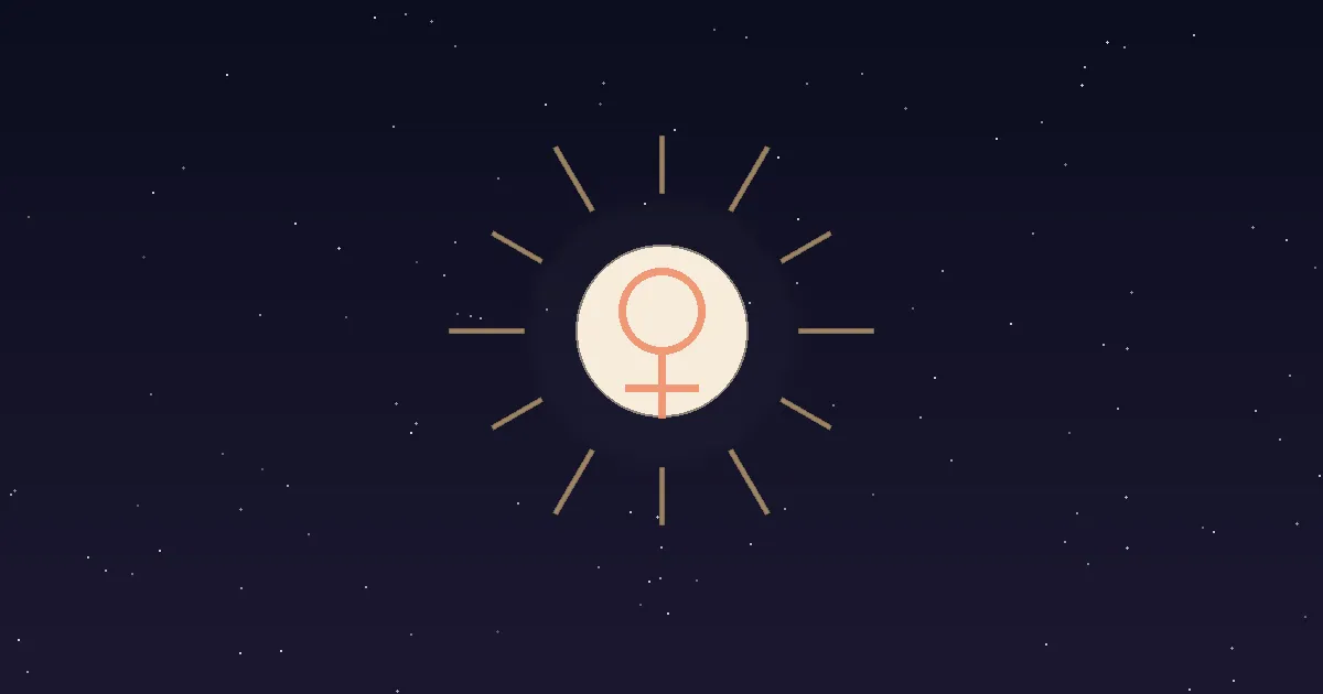A cream Venus disc radiating thin gold sun rays against a navy starfield, in flat vector style with terracotta accents — illustrating the meaning of Venus in Leo, the Sun-ruled Venus placement