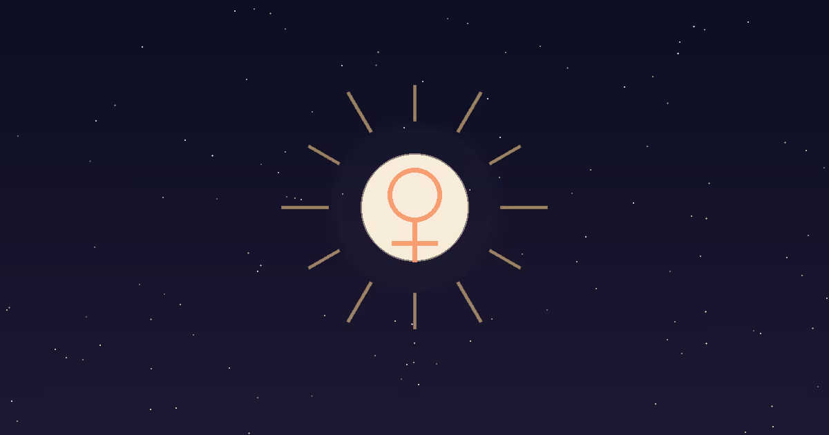 A cream Venus disc radiating thin gold sun rays on a navy starfield, illustrating Venus in Leo