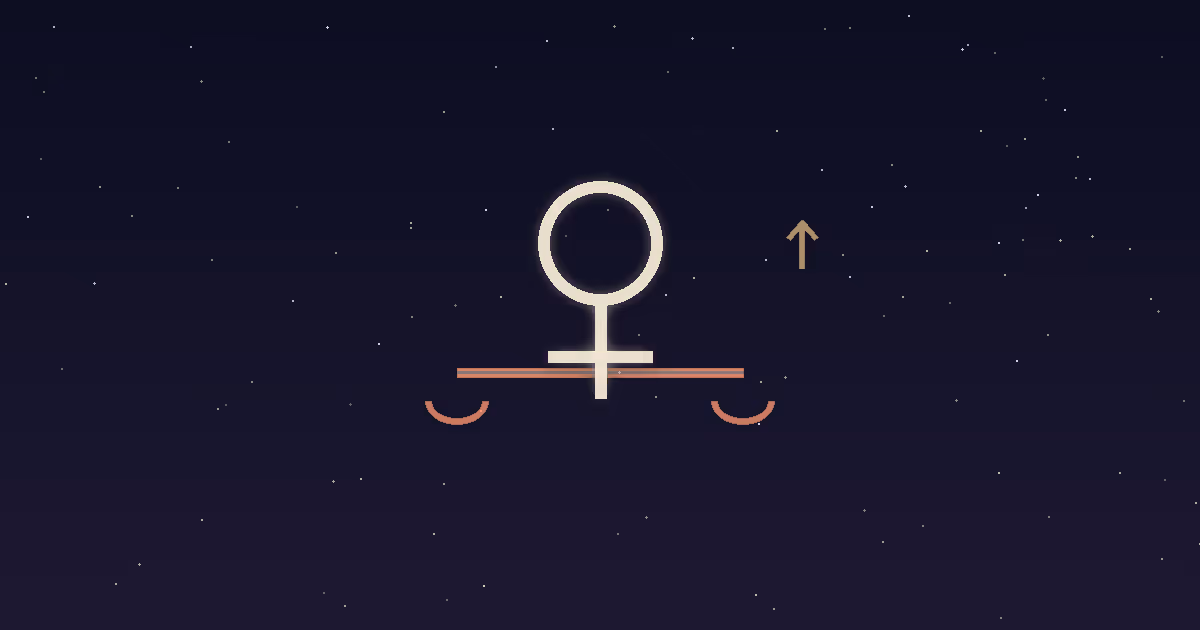A cream Venus glyph resting at the balance point of a terracotta scale beam with a small upward strength mark, illustrating Venus at home in Libra