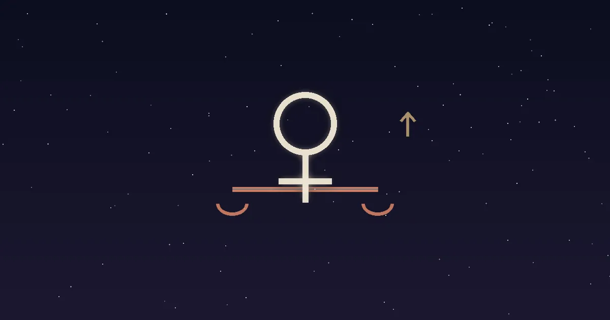 A cream Venus glyph resting at the exact balance point of a terracotta scale beam beneath a navy starfield, with a small gold upward strength mark denoting Venus in its domicile — vector illustration of the meaning of Venus in Libra