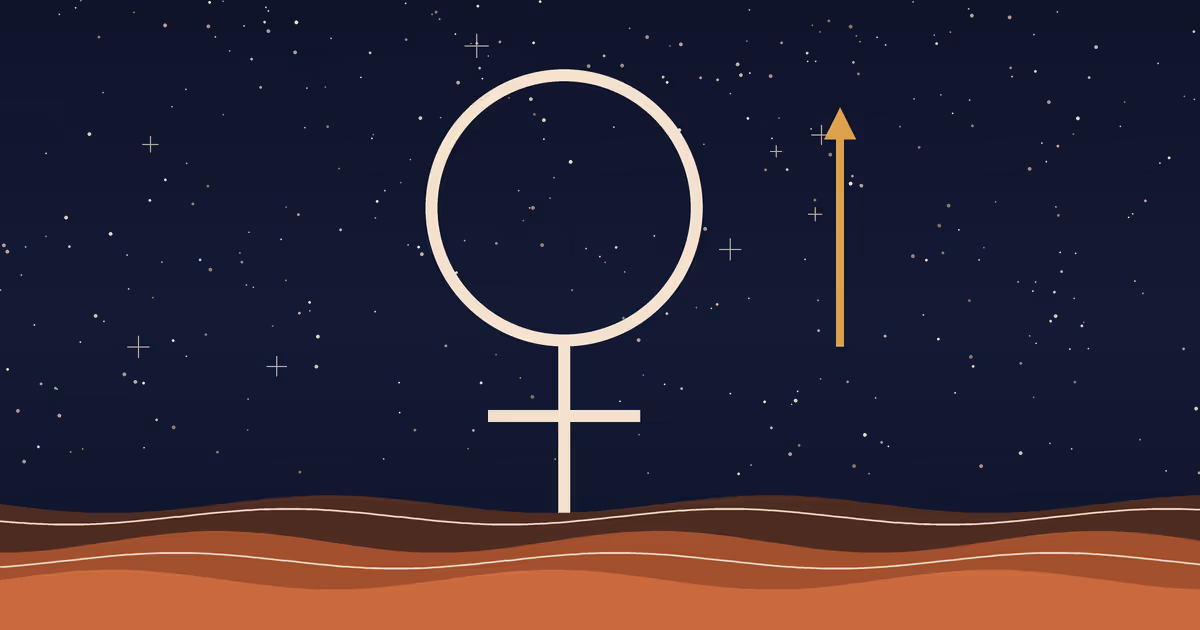 A cream Venus glyph rising out of stylized terracotta water with a small gold upward exaltation arrow, illustrating Venus exalted in Pisces