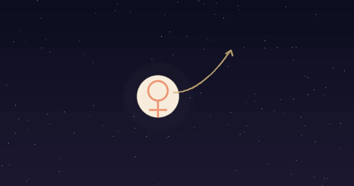 A cream Venus disc beneath a navy starfield with a thin gold arrow arcing away from it toward the stars, in flat terracotta, cream, and gold vector style — illustrating the free-roaming love of Venus in Sagittarius