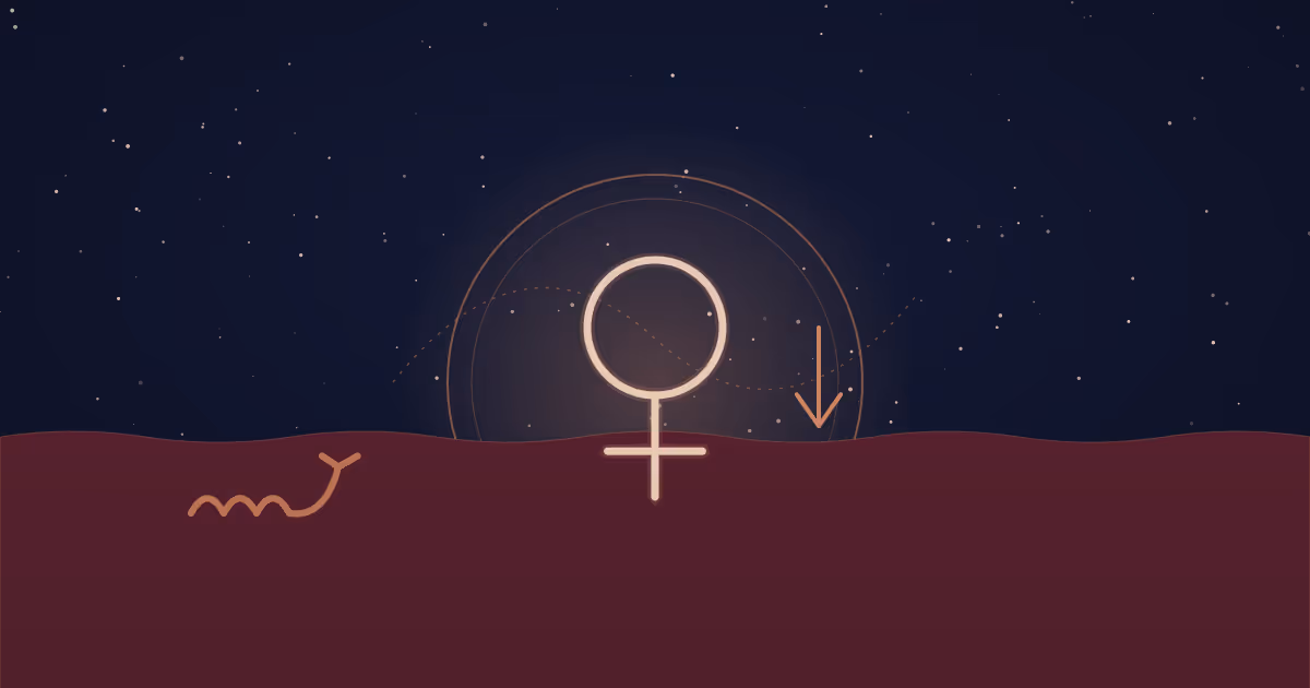 A cream-and-terracotta Venus symbol submerged to its waist in deep oxblood water beneath a navy starfield, set inside a terracotta chart-wheel ring with a faint dashed retrograde loop threading it, beside a vector Scorpio scorpion-tail glyph and a downward dignity arrow marking Venus in its detriment, illustrating the meaning of Venus in Scorpio