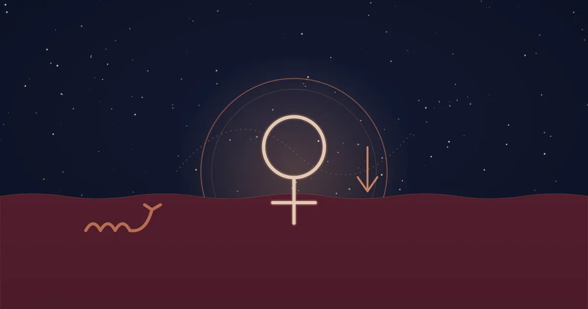 A cream-and-terracotta Venus symbol submerged to its waist in deep oxblood water beneath a navy starfield, set inside a terracotta chart-wheel ring with a faint dashed retrograde loop threading it, beside a vector Scorpio scorpion-tail glyph and a downward dignity arrow marking Venus in its detriment — illustrating the meaning of Venus in Scorpio
