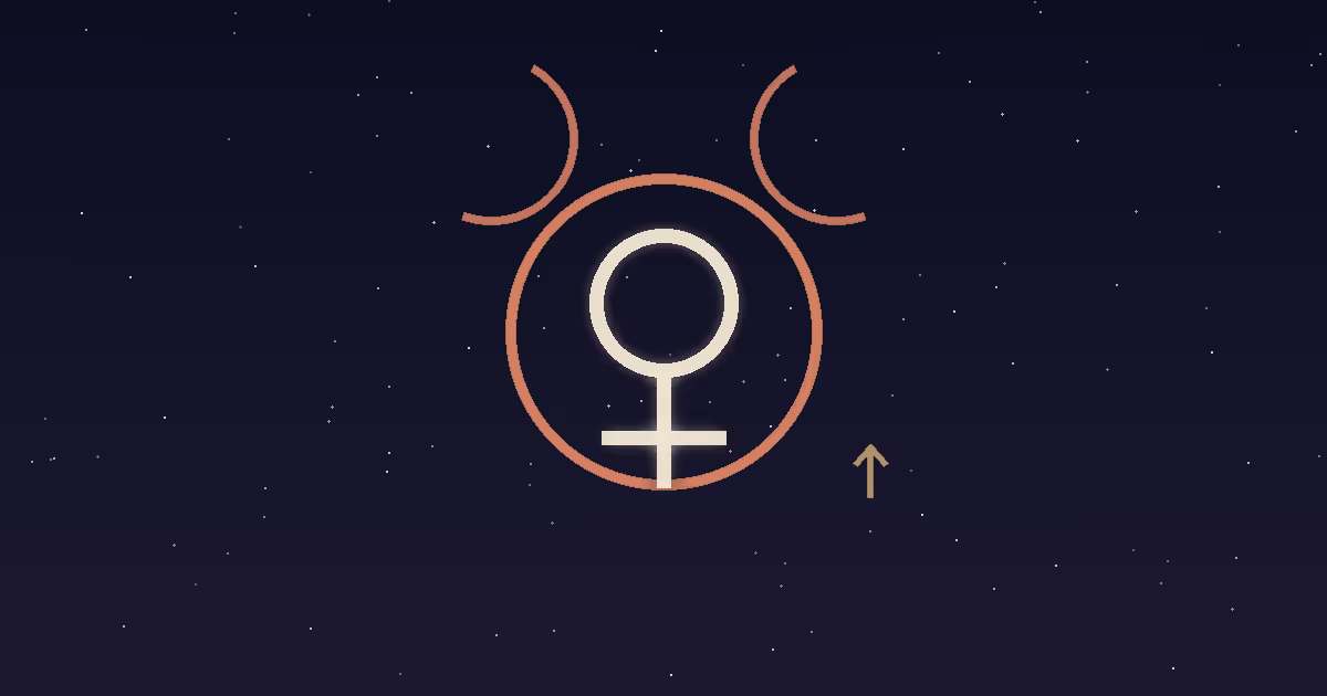 A cream Venus glyph seated inside a solid terracotta circle flanked by bull horns with a small upward strength mark on a navy starfield, illustrating Venus at home in Taurus