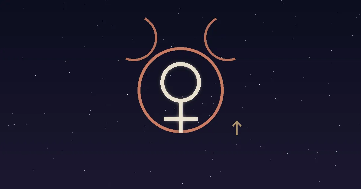 A cream Venus glyph seated inside a solid terracotta circle flanked by bull horns on a navy starfield, with a small upward strength mark signalling Venus in her home sign — illustrating the meaning of Venus in Taurus