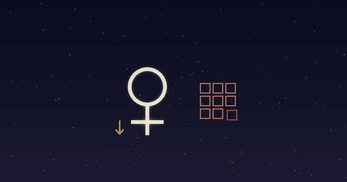 A cream Venus glyph beside a neat terracotta grid of small squares with one square deliberately imperfect and a small downward dignity arrow marking the fall, on a navy starfield in flat vector style with gold accents — illustrating Venus in Virgo, the fallen Venus