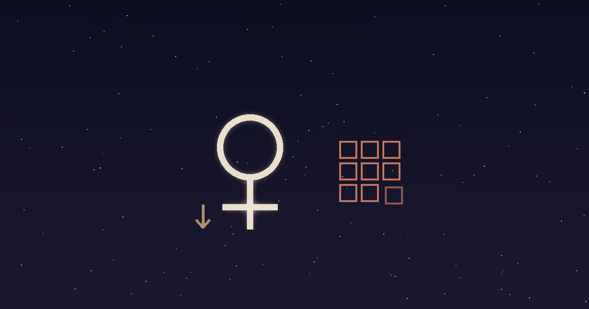 A cream Venus glyph beside a neat terracotta grid of small squares with one square deliberately imperfect and a small downward dignity arrow, illustrating Venus in Virgo in its fall