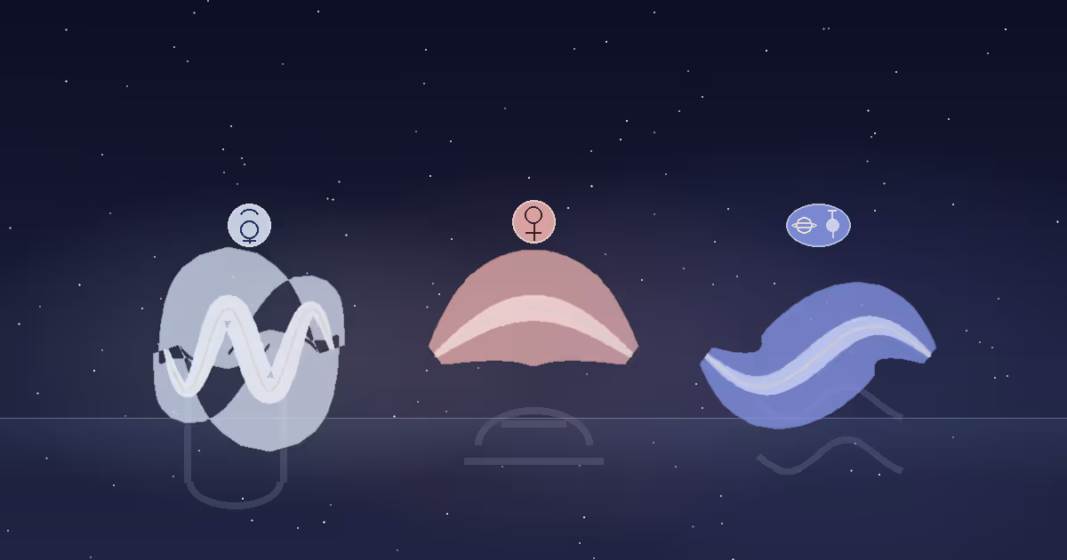 A pale dawn-blue horizon with three currents of luminous wind crossing it — a quick silver stream of Mercury-lit air for Gemini, a balanced gold-rose current of Venus-lit air for Libra, and a wide indigo arc of Saturn-and-Uranus-lit air for Aquarius — with the three air sign glyphs traced in luminous silver, illustrating the three air signs of the zodiac