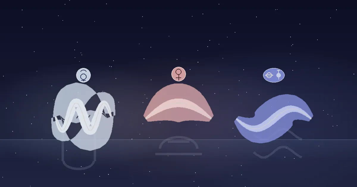 A pale dawn-blue horizon with three currents of luminous wind crossing it — a quick silver stream of Mercury-lit air for Gemini, a balanced gold-rose current of Venus-lit air for Libra, and a wide indigo arc of Saturn-and-Uranus-lit air for Aquarius — with the three air sign glyphs traced in luminous silver, illustrating the three air signs of the zodiac