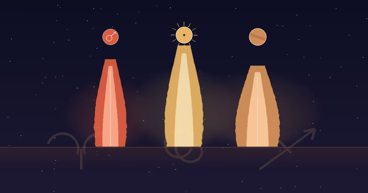 A deep terracotta horizon with three flames rising — a sharp red flame for Aries lit by Mars, a tall gold flame for Leo lit by the Sun, and a wide amber flame for Sagittarius lit by Jupiter — with the three fire sign glyphs traced in luminous gold, illustrating the three fire signs of the zodiac