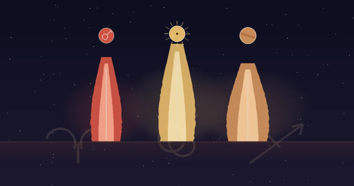 A deep terracotta horizon with three flames rising — a sharp red flame for Aries lit by Mars, a tall gold flame for Leo lit by the Sun, and a wide amber flame for Sagittarius lit by Jupiter — with the three fire sign glyphs traced in luminous gold, illustrating the three fire signs of the zodiac