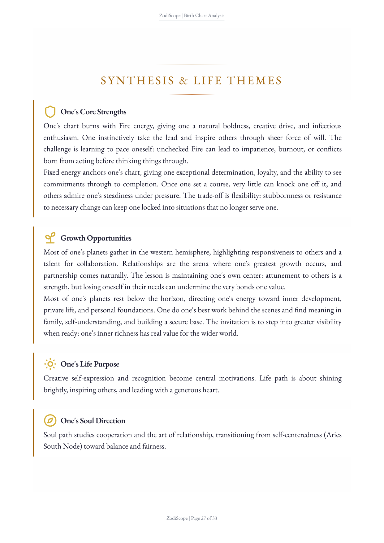 Full example synthesis page, with core strengths, growth opportunities, life purpose, and soul direction